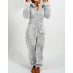 Women's One-Piece Hooded Pajama Solid Red Plush Fleece Long Sleeve Winter Sleepwear Cozy Homewear Comfort Fit Home Outfits Women Sleepwear