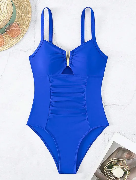 Online Women's One-Piece Swimsuit V-Neck Keyhole Ruched Tank Swimwear Blue Solid Color Stretch Quick-Dry Summer Beachwear with Gold-Tone Accent Tummy Control Bathing Suits Women One-Pieces
