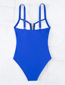 Online Women's One-Piece Swimsuit V-Neck Keyhole Ruched Tank Swimwear Blue Solid Color Stretch Quick-Dry Summer Beachwear with Gold-Tone Accent Tummy Control Bathing Suits Women One-Pieces