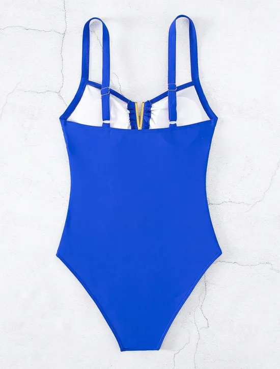 Online Women's One-Piece Swimsuit V-Neck Keyhole Ruched Tank Swimwear Blue Solid Color Stretch Quick-Dry Summer Beachwear with Gold-Tone Accent Tummy Control Bathing Suits Women One-Pieces