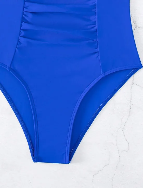 Online Women's One-Piece Swimsuit V-Neck Keyhole Ruched Tank Swimwear Blue Solid Color Stretch Quick-Dry Summer Beachwear with Gold-Tone Accent Tummy Control Bathing Suits Women One-Pieces