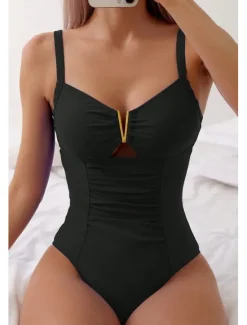 Online Women's One-Piece Swimsuit V-Neck Keyhole Ruched Tank Swimwear Blue Solid Color Stretch Quick-Dry Summer Beachwear with Gold-Tone Accent Tummy Control Bathing Suits Women One-Pieces