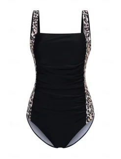 Outlet Women's One-Piece Tummy Control Bathing Suits Scoop Neck Leopard Print Panels Racerback Ruched Summer Beachwear Quick-Dry Stretch Fabric Full Size Swimsuit Women One-Pieces|Leopard Swimwear