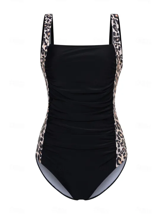 Outlet Women's One-Piece Tummy Control Bathing Suits Scoop Neck Leopard Print Panels Racerback Ruched Summer Beachwear Quick-Dry Stretch Fabric Full Size Swimsuit Women One-Pieces|Leopard Swimwear