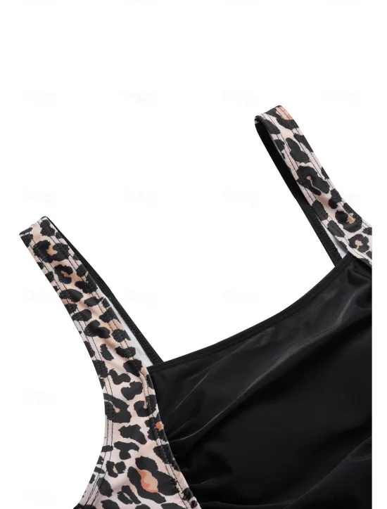 Outlet Women's One-Piece Tummy Control Bathing Suits Scoop Neck Leopard Print Panels Racerback Ruched Summer Beachwear Quick-Dry Stretch Fabric Full Size Swimsuit Women One-Pieces|Leopard Swimwear
