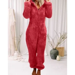 Hot Women's Onesie Pajama Plush Fleece Bear Ear Hoodie Red Full-Length Winter Warmth Cozy Loungewear Zippered Sleepwear Casual Home Home Outfits Women Sleepwear