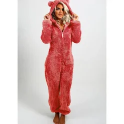 Hot Women's Onesie Pajama Plush Fleece Bear Ear Hoodie Red Full-Length Winter Warmth Cozy Loungewear Zippered Sleepwear Casual Home Home Outfits Women Sleepwear
