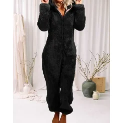 Hot Women's Onesie Pajama Plush Fleece Bear Ear Hoodie Red Full-Length Winter Warmth Cozy Loungewear Zippered Sleepwear Casual Home Home Outfits Women Sleepwear