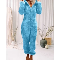 Hot Women's Onesie Pajama Plush Fleece Bear Ear Hoodie Red Full-Length Winter Warmth Cozy Loungewear Zippered Sleepwear Casual Home Home Outfits Women Sleepwear