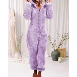 Hot Women's Onesie Pajama Plush Fleece Bear Ear Hoodie Red Full-Length Winter Warmth Cozy Loungewear Zippered Sleepwear Casual Home Home Outfits Women Sleepwear