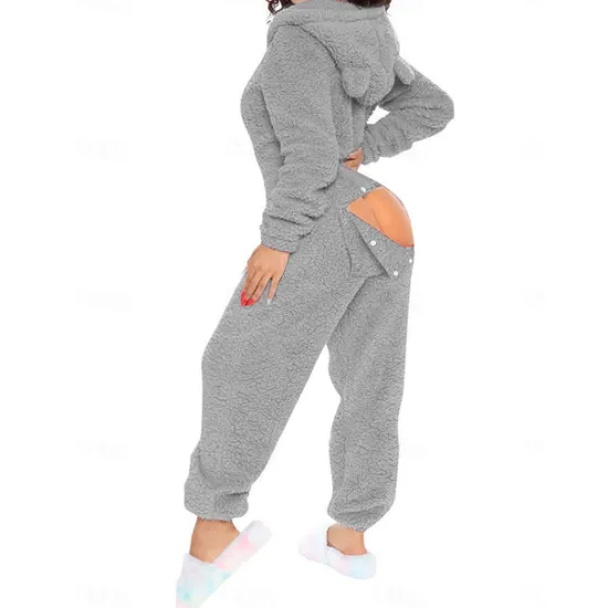 Best Women's Onesie Pure Color Warm Fashion Plush Home Daily Bed Sherpa Warm Hoodie Long Sleeve Hole Fall Winter Home Outfits Women Sleepwear