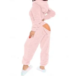 Best Women's Onesie Pure Color Warm Fashion Plush Home Daily Bed Sherpa Warm Hoodie Long Sleeve Hole Fall Winter Home Outfits Women Sleepwear