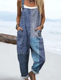Clearance Women's Overall Active Graphic Sleeveless Drawstring Patchwork Vacation Street Loose Fit Light Brown Blue Orange Summer Women Jumpsuits|Graphic Jumpsuit