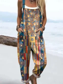 Clearance Women's Overall Active Graphic Sleeveless Drawstring Patchwork Vacation Street Loose Fit Light Brown Blue Orange Summer Women Jumpsuits|Graphic Jumpsuit
