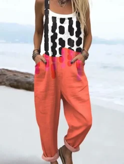 Clearance Women's Overall Active Graphic Sleeveless Drawstring Patchwork Vacation Street Loose Fit Light Brown Blue Orange Summer Women Jumpsuits|Graphic Jumpsuit
