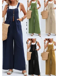 Discount Women's Overall Active Solid Color Sleeveless Jumpsuit Wide Leg Square Neck Pocket Buttons Vacation Daily Loose Fit Black Yellow Pink Summer Women Overalls|Jumpsuits