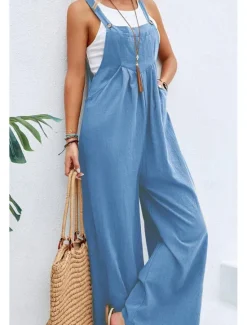 Discount Women's Overall Active Solid Color Sleeveless Jumpsuit Wide Leg Square Neck Pocket Buttons Vacation Daily Loose Fit Black Yellow Pink Summer Women Overalls|Jumpsuits