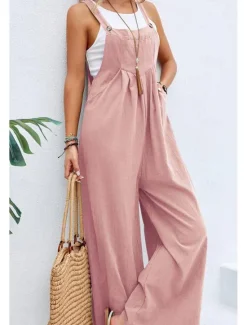 Discount Women's Overall Active Solid Color Sleeveless Jumpsuit Wide Leg Square Neck Pocket Buttons Vacation Daily Loose Fit Black Yellow Pink Summer Women Overalls|Jumpsuits