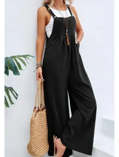 Discount Women's Overall Active Solid Color Sleeveless Jumpsuit Wide Leg Square Neck Pocket Buttons Vacation Daily Loose Fit Black Yellow Pink Summer Women Overalls|Jumpsuits