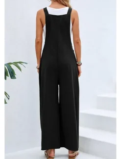 Discount Women's Overall Active Solid Color Sleeveless Jumpsuit Wide Leg Square Neck Pocket Buttons Vacation Daily Loose Fit Black Yellow Pink Summer Women Overalls|Jumpsuits