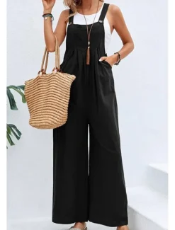 Discount Women's Overall Active Solid Color Sleeveless Jumpsuit Wide Leg Square Neck Pocket Buttons Vacation Daily Loose Fit Black Yellow Pink Summer Women Overalls|Jumpsuits