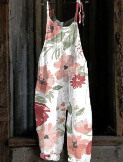 Women's Overall Utility Print Floral Crew Neck Trug Life Streetwear Daily Vacation Loose Fit Sleeveless White Pink Red S M L Summer Fall Women Overalls|Plus Size Jumpsuits