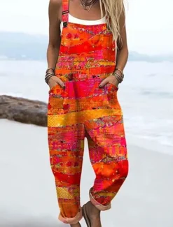 Hot Women's Overalls Vintage Casual Lightweight Full Length High Waist Floral Graphic Drawstring Inelastic Vacation Street Casual Dark navy Sky Blue Orange Green Summer Spring Fall Loose Fit Women Jumpsuits|Graphic Jumpsuit