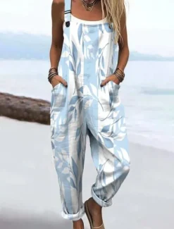 Hot Women's Overalls Vintage Casual Lightweight Full Length High Waist Floral Graphic Drawstring Inelastic Vacation Street Casual Dark navy Sky Blue Orange Green Summer Spring Fall Loose Fit Women Jumpsuits|Graphic Jumpsuit