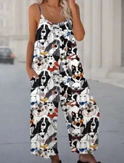 Hot Women's Overalls Vacation Vintage Ethnic Style Full Length High Waist Animal Drawstring Inelastic Formal Vacation Street rice white Robin's Egg Blue Summer Spring Fall Loose Fit Women Jumpsuits|Graphic Jumpsuit