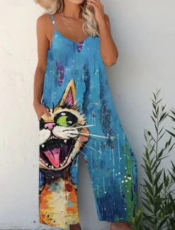 Hot Women's Overalls Vacation Vintage Ethnic Style Full Length High Waist Animal Drawstring Inelastic Formal Vacation Street rice white Robin's Egg Blue Summer Spring Fall Loose Fit Women Jumpsuits|Graphic Jumpsuit