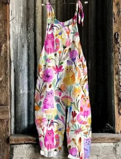 Outlet Women's Overalls Vacation Vintage Ethnic Style Full Length High Waist Floral Graphic Animal Drawstring Inelastic Formal Vacation Street Yellow Pink Green Summer Spring Fall Loose Fit Women Jumpsuits|Graphic Jumpsuit