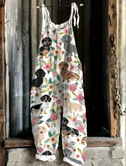 Online Women's Overalls Vacation Vintage Ethnic Style Long High Waist Animal Color Block Drawstring Inelastic Formal Vacation Street White Blue Light Slate Gray Summer Spring Fall Loose Fit Women Jumpsuits|Graphic Jumpsuit