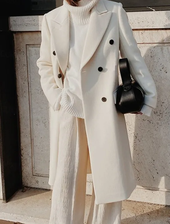 Women's Overcoat Long Pea Coat Double Breasted Lapel Trench Coat Windproof Warm Winter Coat with Pockets Fall Stylish Contemporary Modern Jacket Long Sleeve White Khaki Women Coats & Trench Coats