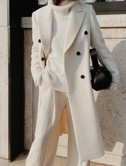 Women's Overcoat Long Pea Coat Double Breasted Lapel Trench Coat Windproof Warm Winter Coat with Pockets Fall Stylish Contemporary Modern Jacket Long Sleeve White Khaki Women Coats & Trench Coats