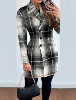 Online Women's Overcoat Thickened Button Down Winter Lattice Print Lapel Coat for women Women Coats & Trench Coats
