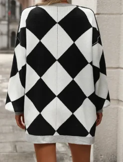 Discount Women's Oversized Cardigan Open Front Knit Fall Winter Going out Fashion Streetwear Long Sleeve Geometric Color Block Black Blue Women Cardigans & Outerwears