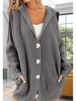 Sale Women's Oversized Long Cardigan Open Front Chunky Knit Knitted Fall Winter Work Work Basic Long Sleeve Solid Color Pink Khaki Women Cardigans & Outerwears