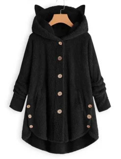 Outlet Women's Oversized Solid Color Warm Teddy Fuzzy Long Sleeve Hoodie Long Tops Street Casual Buttons Pocket Black Yellow Pink Wine Coffee Fall & Winter Women Hoodies & Sweatshirts