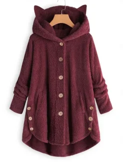 Outlet Women's Oversized Solid Color Warm Teddy Fuzzy Long Sleeve Hoodie Long Tops Street Casual Buttons Pocket Black Yellow Pink Wine Coffee Fall & Winter Women Hoodies & Sweatshirts