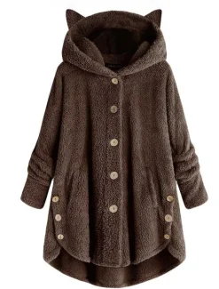 Outlet Women's Oversized Solid Color Warm Teddy Fuzzy Long Sleeve Hoodie Long Tops Street Casual Buttons Pocket Black Yellow Pink Wine Coffee Fall & Winter Women Hoodies & Sweatshirts