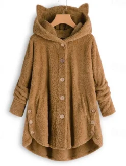 Outlet Women's Oversized Solid Color Warm Teddy Fuzzy Long Sleeve Hoodie Long Tops Street Casual Buttons Pocket Black Yellow Pink Wine Coffee Fall & Winter Women Hoodies & Sweatshirts