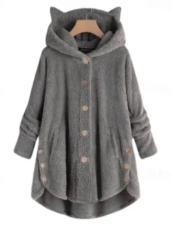 Outlet Women's Oversized Solid Color Warm Teddy Fuzzy Long Sleeve Hoodie Long Tops Street Casual Buttons Pocket Black Yellow Pink Wine Coffee Fall & Winter Women Hoodies & Sweatshirts