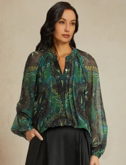 Outlet Women's Paisley Print Chiffon Peasant Top Lantern Sleeve Casual Long Sleeve V Neck Shirt Blouse for Spring Women Chiffon Tops