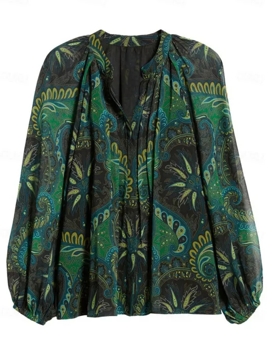 Outlet Women's Paisley Print Chiffon Peasant Top Lantern Sleeve Casual Long Sleeve V Neck Shirt Blouse for Spring Women Chiffon Tops