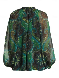 Outlet Women's Paisley Print Chiffon Peasant Top Lantern Sleeve Casual Long Sleeve V Neck Shirt Blouse for Spring Women Chiffon Tops