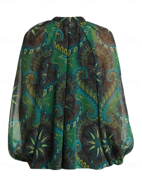 Outlet Women's Paisley Print Chiffon Peasant Top Lantern Sleeve Casual Long Sleeve V Neck Shirt Blouse for Spring Women Chiffon Tops