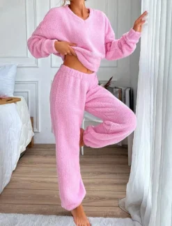 Women's Pajama Set 2 Pieces Print Comfort Home Daily Comfort Warm V Neck Long Sleeve Pullover Pant Spring Fall Home Outfits Women Pajama-Setter