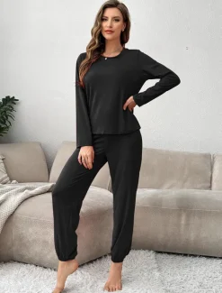 Outlet Women's Pajama Set 2 Pieces Pure Color Casual Comfort Comfrt Home Spandex Comfort Breathable Crew Neck Long Sleeve T shirt Tee Pant Spring Fall Home Outfits Women Pajama-Setter