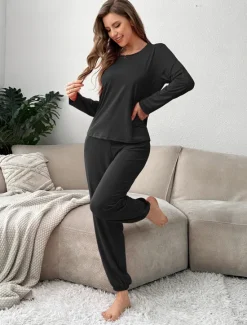 Outlet Women's Pajama Set 2 Pieces Pure Color Casual Comfort Comfrt Home Spandex Comfort Breathable Crew Neck Long Sleeve T shirt Tee Pant Spring Fall Home Outfits Women Pajama-Setter
