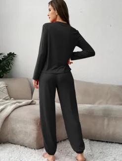 Outlet Women's Pajama Set 2 Pieces Pure Color Casual Comfort Comfrt Home Spandex Comfort Breathable Crew Neck Long Sleeve T shirt Tee Pant Spring Fall Home Outfits Women Pajama-Setter